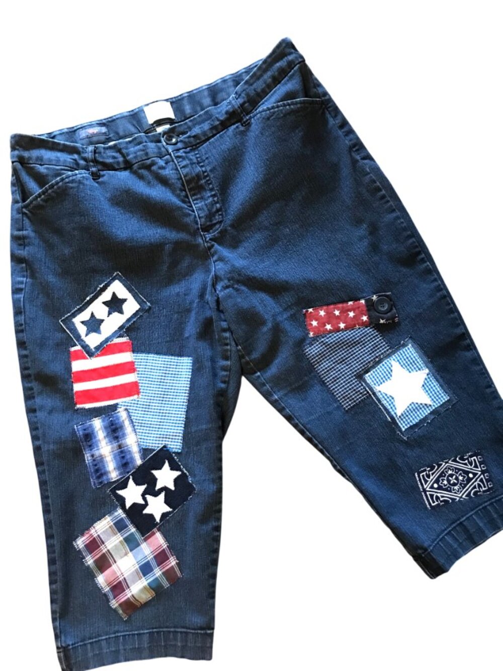 Upcycled Patchwork Capris Shorts, 4th of July Patriotic Jeans Women’s Size 16